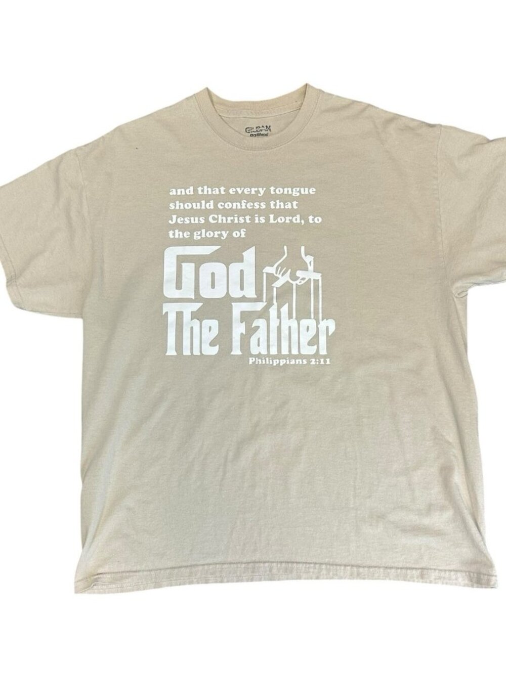 Gildan Dry Blend MGM Laser God The Father Philippians 2:11 Tan Shirt Size XL - Picture 1 of 11